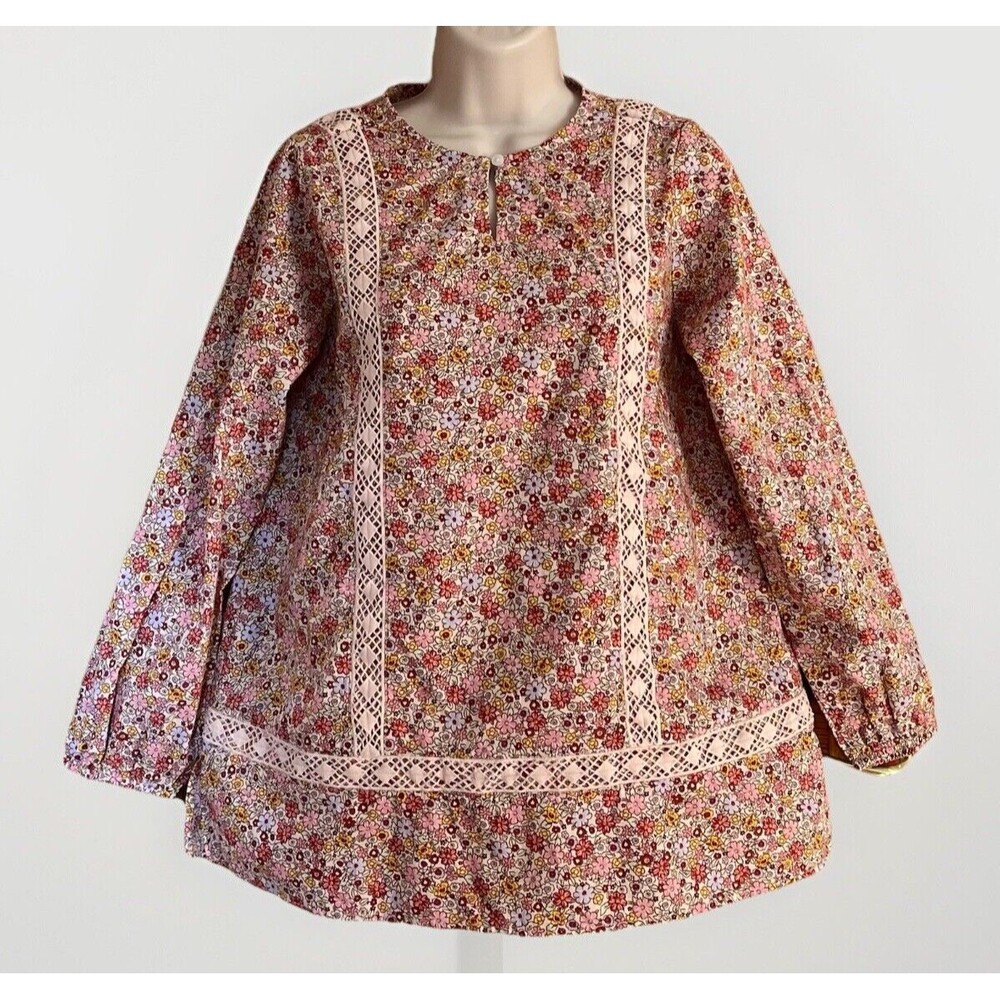 Lands End Floral Lace Trim Keyhole Shirt Womens M Pink Boho Peasant Cottage Y2K